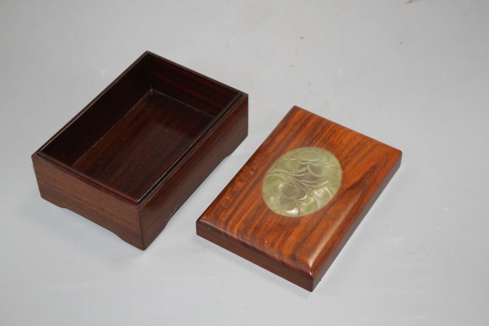 A Chinese hardwood box with inset bowenite jade panel, 13cm